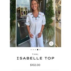 THML Shirt Isabel Top White  Embroidered Puff Sleeve Floral Boho Tropical Resort